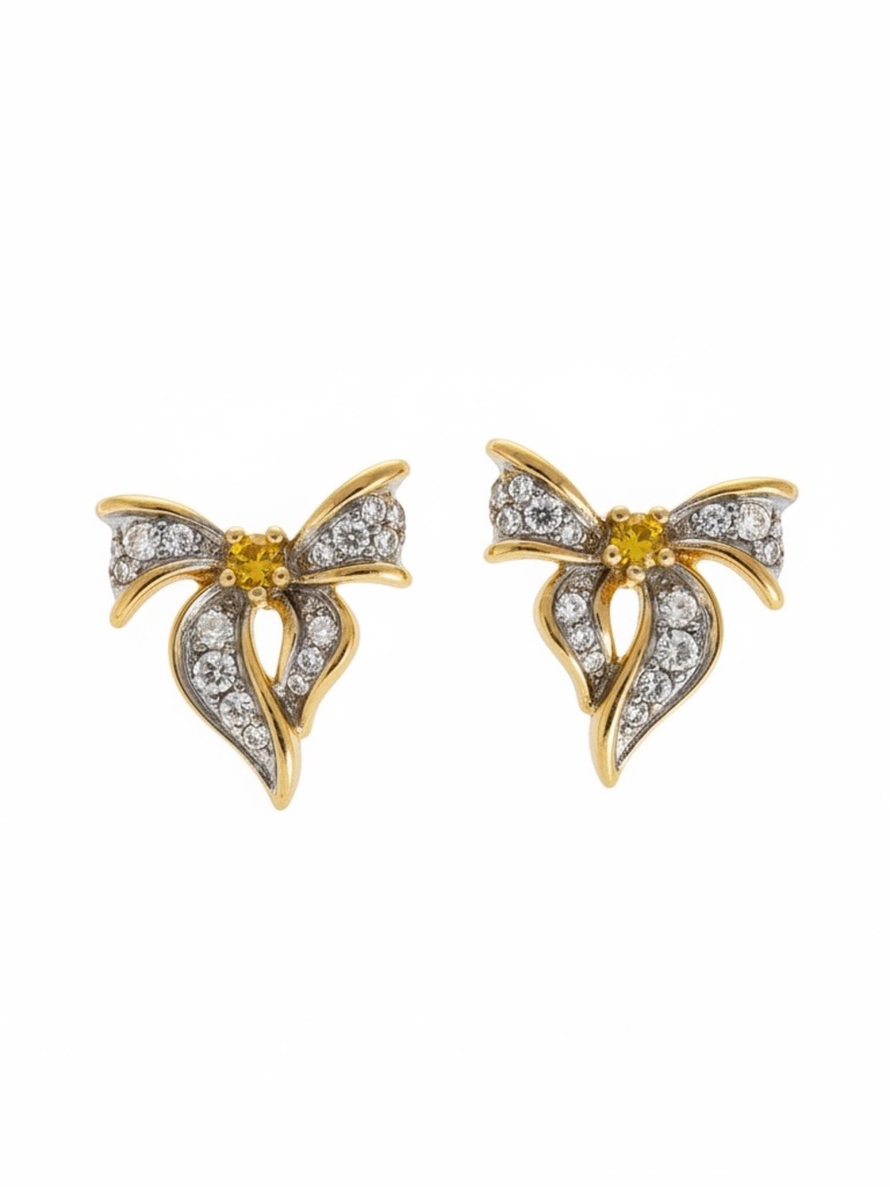 Nina Ricci Gold Bow Earrings with Yellow and Clear Crystals